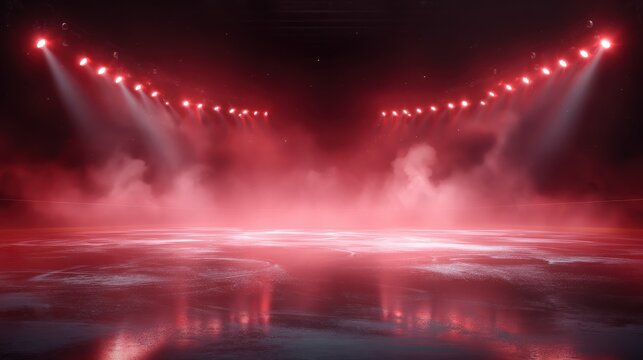 this is a red ice rink background with red neon lights and spotlights with smoke it can be used for hockey competitions and winter posters ice skating stadium stock created from a red background