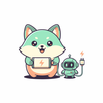 Cute fox charges small robot with powerful battery