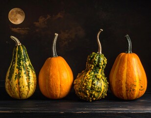 Autumnal Still Life - Pumpkins and Gourds Under a Moonlit Sky.