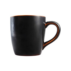 A dark matte ceramic mug with a warm brown glazed interior and handle isolated on transparent background