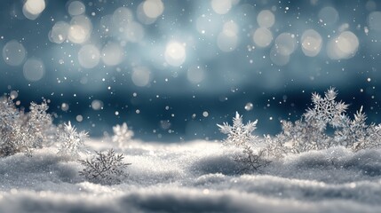 Naklejka premium sparkling snowflakes on snowy landscape with soft bokeh lights holiday season greetings