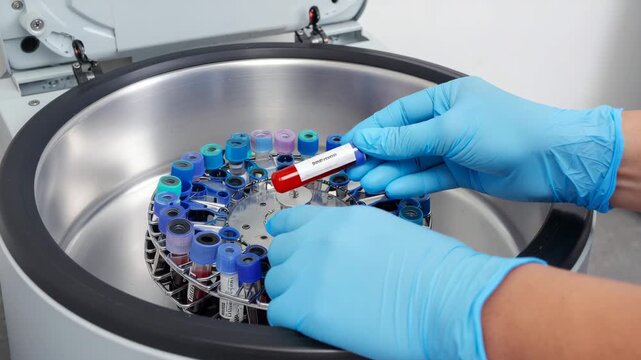 Medical Technician Hands Loading Blood Samples into Laboratory Centrifuge Machine - Powered by Adobe