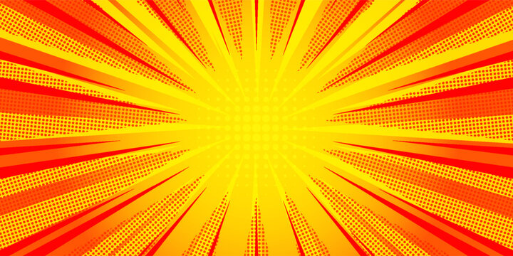 Dynamic anime explosion background with radial comic speed lines and halftone dots - bright burst effect radiating from center for manga panels, action scenes, superhero graphics or retro pop art.