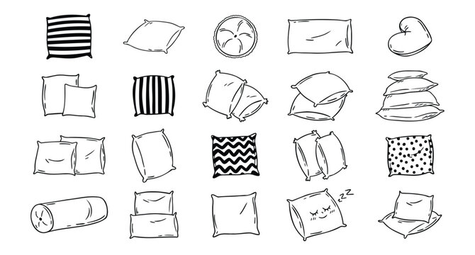 Doodle drawing pillow set. Soft pillow for sleep, outline hand drawn pillows. Rest bedroom decoration. Hand drawn cozy pillows for bed and sofa