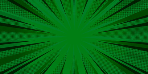 Obraz premium Bright green radial lines comic background with halftone dots