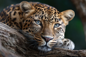Fototapeta premium Majestic leopard resting on a tree branch in a lush environment