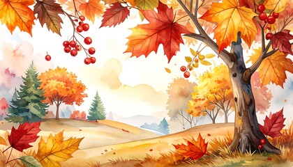 Watercolor Autumn Landscape with Vibrant Foliage and Berries.