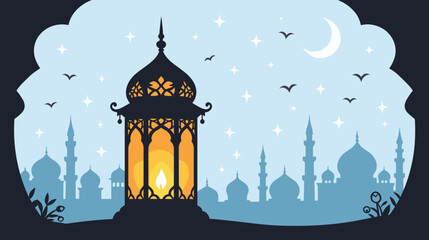 Islamic lantern glowing against silhouette of city skyline at night  