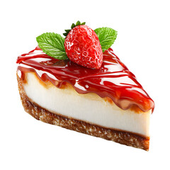 Delicious slice of strawberry cheesecake with fresh fruit topping and mint leaves isolated on transparent background