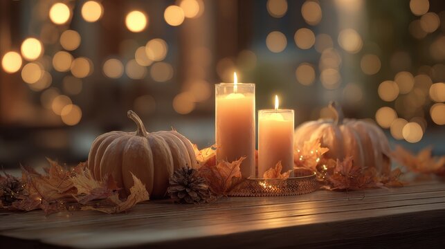 a cozy halloween scene with lit candles pumpkins and autumn leaves on a wooden table soft bokeh lights create a warm atmosphere
