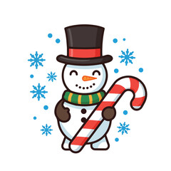 A cheerful snowman wearing a top hat and scarf holding a candy cane on a white background with snowflakes.