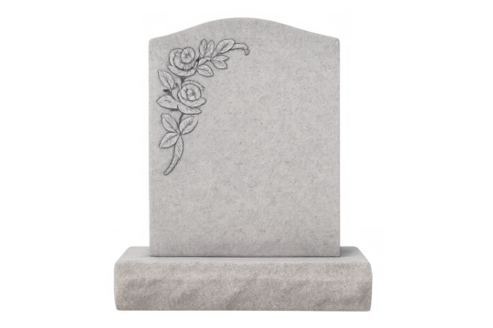 Blank grave headstone with sculpted roses on transparent background