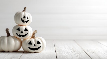 three white pumpkins with black jackolantern faces stacked on a white wood surface against a white background showcasing a halloween theme with ample free space for text
