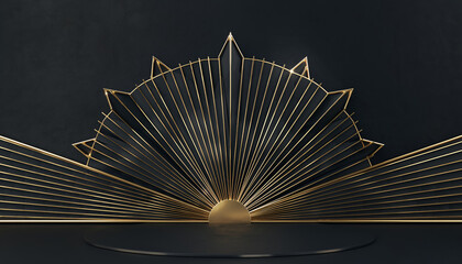 A black podium on a stage with a large, gold Art Deco fan backdrop on a dark wall