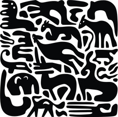 Abstract Tribal Animal Pattern Vector, Black and White Ethnic Art Design, Modern Primitive Illustration