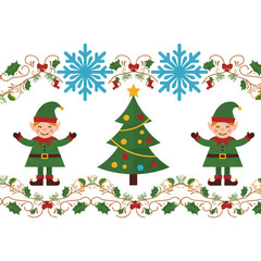 Flat design of two cheerful Christmas elves standing beside a decorated tree with snowflakes and holly on a white background.