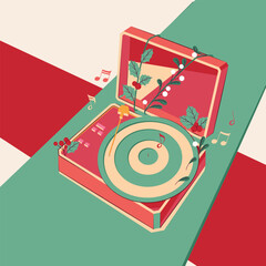 Vector illustration of a retro record player decorated with holly branches and musical notes. Christmas theme. Festive design for holiday music, vintage decor, and winter celebration concepts.