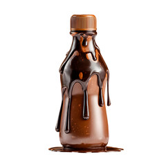 Small glass bottle filled with rich dark chocolate syrup dripping down isolated on transparent background