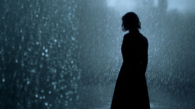 Invisible woman in a long coat standing in the rain, droplets outlining her unseen shape