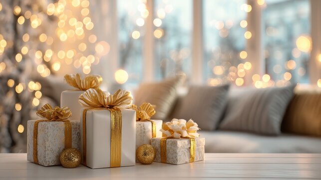white  gold christmas presents in living room with blurred window and bokeh lights