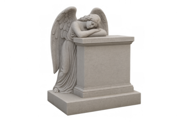 Weeping angel stone statue on gravestone base grieving
