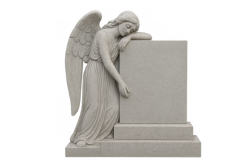 Mourning angel statue leaning gravestone with transparent background