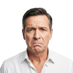 Fototapeta premium Mature caucasian man expressing disappointment and frustration with furrowed brow and downturned mouth isolated on transparent background