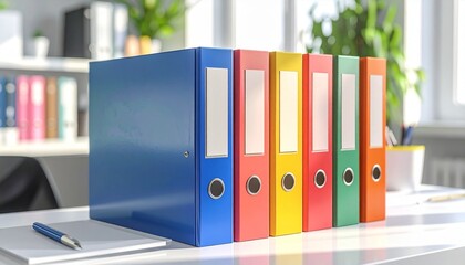 Row of colorful ring binders on a wooden desk in a sunlit office, surrounded by plants and stationery—symbolizing vibrant organization and productive workspace design.
