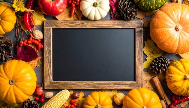 Autumn Harvest Display with Blank Chalkboard for Message.
