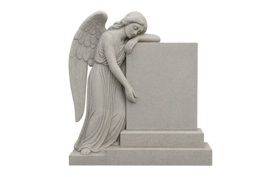 Mourning angel statue leaning gravestone with transparent background
