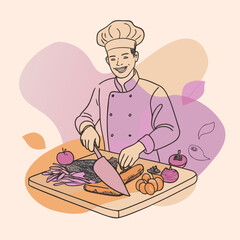 Smiling chef in uniform preparing fresh vegetables on a wooden cutting board with a knife