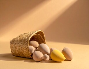 Wooden Eggs in a Basket with Sunlight.