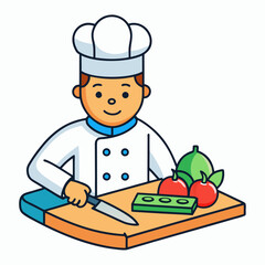Happy cartoon chef in uniform chopping vegetables on a wooden cutting board with knife
