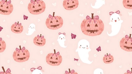 A whimsical Halloween pattern features charming pumpkins and friendly ghosts, creating a playful and festive design. 