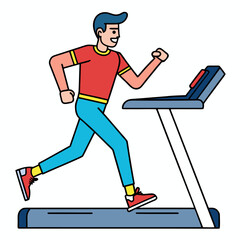 Man with blue hair happily running on a treadmill in a gym wearing red shirt and blue pants