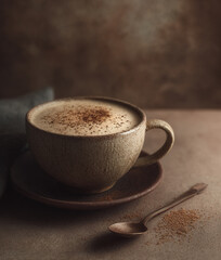 Coffee drink in ceramic cup with cinnamon on surface
