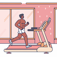 Fit man running on a treadmill in a modern gym with large windows and pink walls