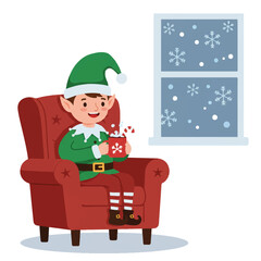 Cartoon elf sitting in a red armchair holding a mug by the snowy window
