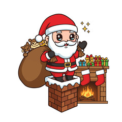 Cartoon Santa Claus climbing down a brick chimney with a sack of toys on a white background with a festive mood.