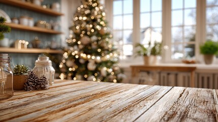 empty wooden table with blurred background of a christmas tree and decorations in a dining room for product display montage 3d rendering cozy natural interior during christmas time christmas tree