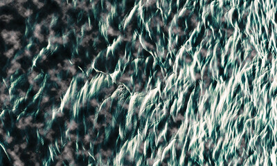 Abstract aerial view of ice formations and snow covered mountains with an artistic touch