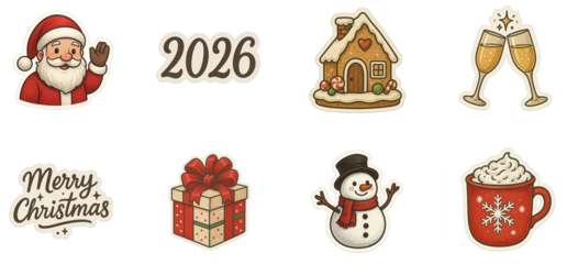 Cozy Christmas & New Year Sticker Pack — Santa, “2026”, gingerbread house, champagne toast, Merry Christmas, gift box, snowman and cocoa mug — hand-drawn die-cut set