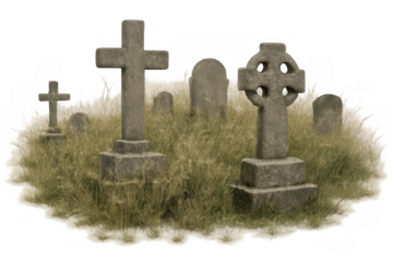 Graveyard scene with weathered tombstones and celtic cross