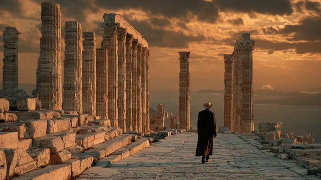 Man in Hat and Coat Walking Through Ancient Ruins of the Temple of Poseidon at Sunset, Sounion, Greece
