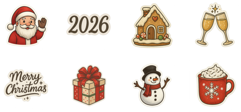 Cozy Christmas & New Year Sticker Pack — Santa, “2026”, gingerbread house, champagne toast, Merry Christmas, gift box, snowman and cocoa mug — hand-drawn die-cut set
