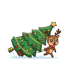 Cartoon reindeer pulling a decorated Christmas tree on a white background with festive colors.