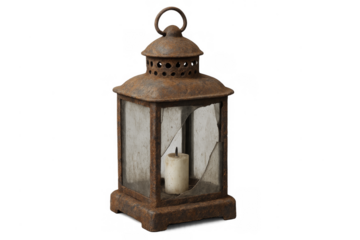 Rusty antique lantern with broken glass and candle
