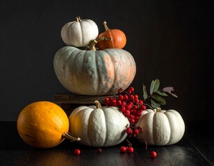 Autumnal Still Life with Pumpkins and Berries on Dark Background.