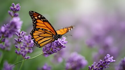 Fototapeta premium A sharp focus on a butterfly perched on a flower with purple petals, while the background is blurred