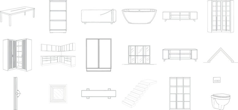 Assortment of technical drawings and blueprints for furniture and interior design elements